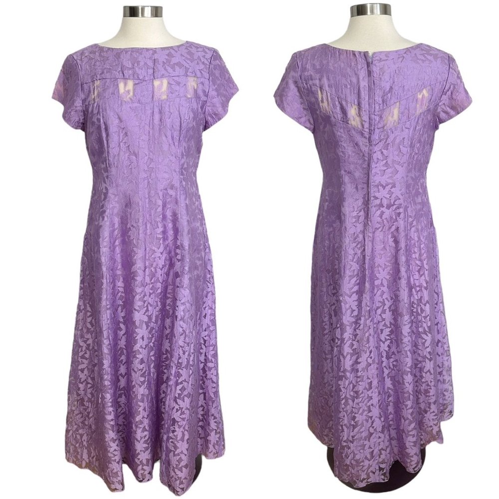 Vtg 1970s Large Lilac Purple Sheer Floral Chiffon Modest Short Sleeve Prom Dress - Picture 1 of 15